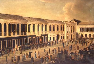Veduta degli Hongs sul lungomare di Canton, c.1825 da Anglo Chinese School