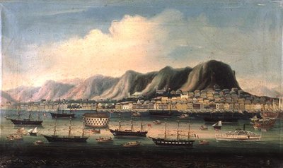 Vista di Hong Kong, con una prigione galleggiante e un piroscafo a pale nel porto da Anglo Chinese School