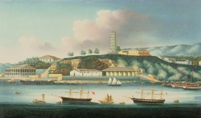 Veduta di Whampoa Reach, con un barca inglese, una nave americana e barche a vela da Anglo Chinese School