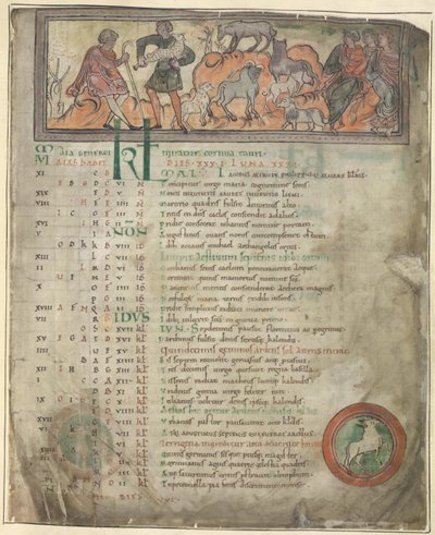 Pagina del calendario per maggio. Custodia delle pecore. Due pastori con il loro gregge, uno che tiene un bastone, e tre figure sedute. In basso, Ariete in un tondo da Anglo Saxon