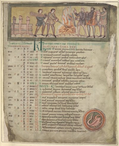 Cotton Tiberius B. V. Parte 1 f.8 Riscaldamento e forgiatura, novembre da un calendario, Winchester (?) secondo quarto dell