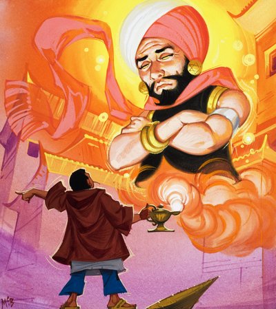 Aladino che comanda il Genio, illustrazione da "Aladino e la sua lampada meravigliosa" (guazzo su carta) da Angus McBride