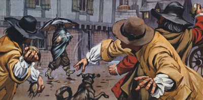 Cocchieri arrabbiati gettano terra contro uomini con ombrelli (litografia a colori) da Angus McBride