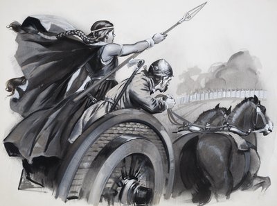 Boadicea che scatena la furia dei Britanni contro i loro padroni romani (guazzo su carta) da Angus McBride
