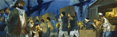 Lavoratori cinesi caricano il tè su un clipper per trasportarlo in Inghilterra da Angus McBride