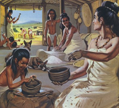 I primi agricoltori a casa (litografia a colori) da Angus McBride