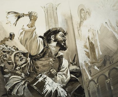 Fanatici che assaltano le chiese di Basilea nella Svizzera protestante (gouache su carta) da Angus McBride