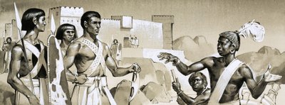 Hyksos, il faraone Kamose istruisce i guerrieri neri appositamente addestrati sulle tattiche di battaglia da Angus McBride