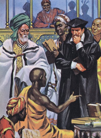 Idee discusse al Parlamento delle Religioni di Akbars (litografia a colori) da Angus McBride