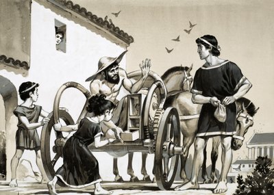 Mercante che vende oggetti dal retro di una biga in epoca romana da Angus McBride