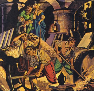 Samuel Pepys alla ricerca di un gruzzolo di denaro presumibilmente nascosto nella Torre di Londra (litografia a colori) da Angus McBride