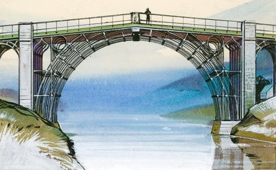 Il primo ponte di ferro in Gran Bretagna, presso la Gola di Ironbridge da Angus McBride