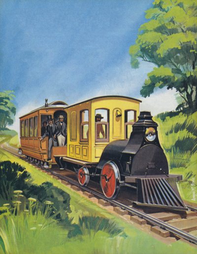 Treno elettrico di Thomas Edisons, costruito nel 1882 (litografia a colori) da Angus McBride