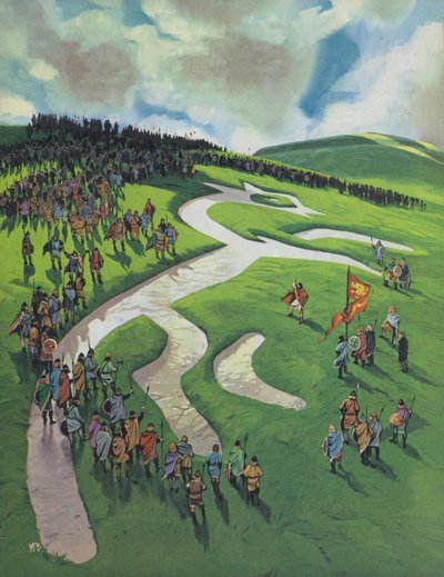 Cavallo bianco di Uffington, costruito da Alfredo il Grande dopo la battaglia di Ashdown contro i danesi (litografia a colori) da Angus McBride