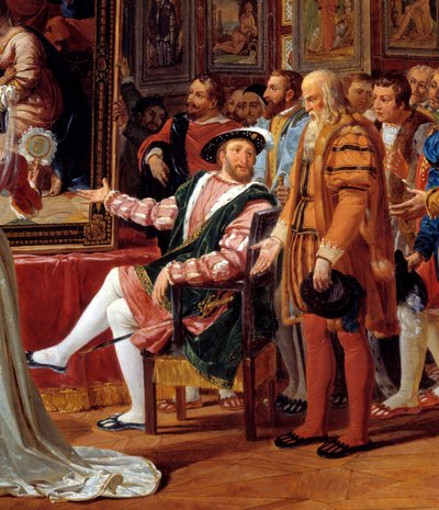 Il secolo di Francesco I: Francesco I re di Francia riceve a Fontainebleau il dipinto della Sacra Famiglia, inviato da Roma da Raffaello come tributo alla sua gratitudine (dettaglio) da Anicet Charles Gabriel Lemonnier