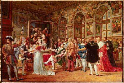 Il secolo di Francesco I: Francesco I re di Francia riceve il dipinto della Sacra Famiglia a Fontainebleau, inviato da Roma da Raffaello come tributo alla sua gratitudine da Anicet Charles Gabriel Lemonnier