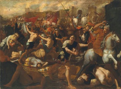 La battaglia tra gli Israeliti e gli Amaleciti osservata da Mosè, con le braccia sollevate da Aronne e Cur da Aniello Falcone