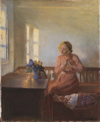 Una giovane ragazza che si intreccia i capelli da Anna Ancher