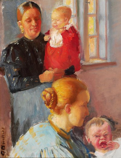 Due giovani madri con i loro bambini piccoli. Studio per "Vaccinazione". da Anna Ancher