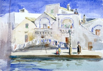 Case lungo un canale con una linea di lavaggio, c. 1864-1930 da Anna Lea Merritt