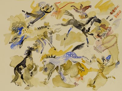 Cavallo e clown, 2023 (acquerello) da Anna Pugh