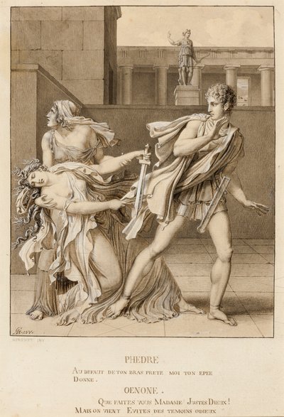 Fedra, dopo aver dichiarato la sua passione, tenta di uccidersi con la spada di Ippolito da Anne-Louis Girodet de Roucy-Trioson