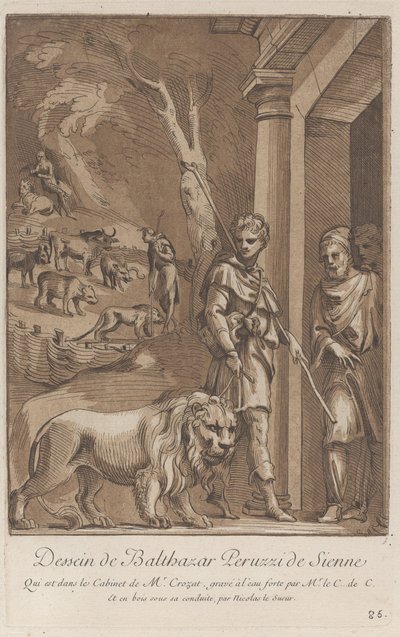 Un pastore che tiene un leone al guinzaglio in primo piano, sullo sfondo il sh..., ca. 1729-64 da Anne Claude Philippe de