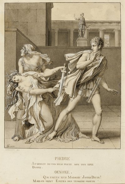 Fedra, dopo aver dichiarato la sua passione, tenta di uccidersi con la spada di Ippolito da Anne Louis Girodet de Roussy Trioson
