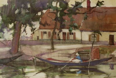 Barca su un canale, villaggio francese da Anne Redpath
