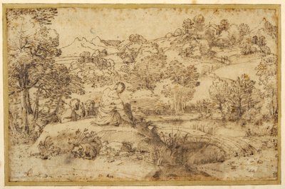 Paesaggio, in primo piano tre uomini che riposano e un cane addormentato, vicino a un ruscello da Annibale (follower of) Carracci