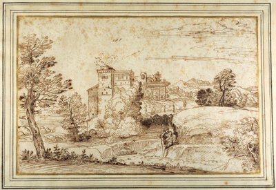 Paesaggio con un castello e le rovine di un portico classico da Annibale (follower of) Carracci