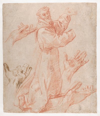 Carracci - Studi per una figura di San Francesco inginocchiato di tre quarti e per le sue mani (recto), 1583-85 da Annibale Carracci