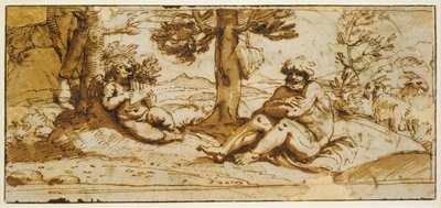 Flötenspielender Amor und Silenus in einer arkadischen Landschaft da Annibale Carracci