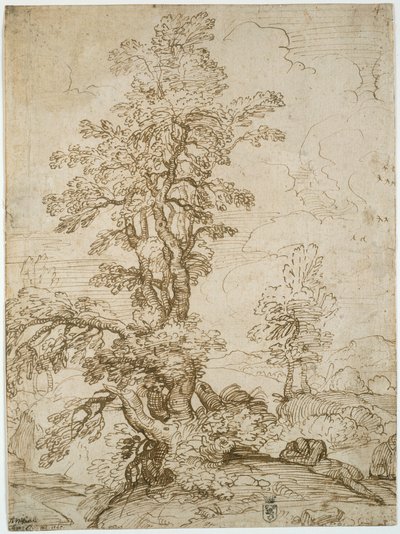 Paesaggio con uomo che dorme sotto un albero (recto); Paesaggio con cavaliere (verso) da Annibale Carracci