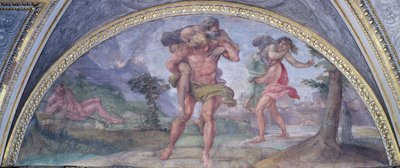 Lunetta raffigurante Enea che fugge da Troia in fiamme portando il padre Anchise seguito da Ascanio che porta la madre, dal Camerino da Annibale Carracci