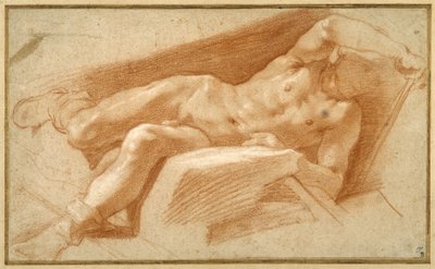 Giovane sdraiato nudo, tranne per la calza tirata giù fino alle caviglie da Annibale Carracci