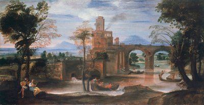 Paesaggio fluviale con castello e ponte, c.1598 da Annibale Carracci