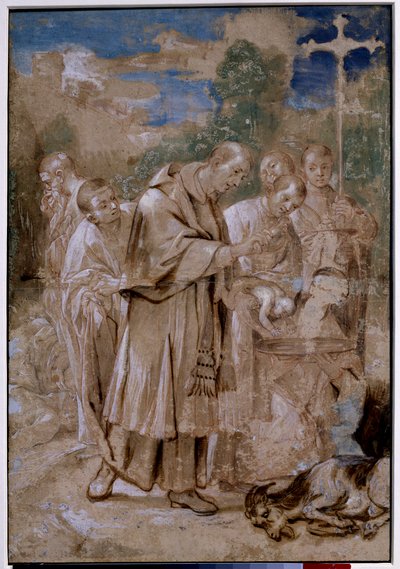 San Carlo Borromeo battezza un bambino. La pecora morta e gli schizzi di strati di corpi accanto ai quali un uomo si tappa il naso per non respirare l