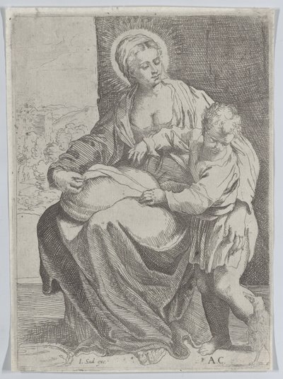La Vergine seduta con un cuscino in grembo con il giovane Cristo in piedi a destra, 1580-1600 da Annibale Carracci