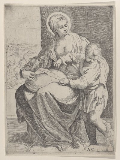 La Vergine seduta con un cuscino in grembo e il giovane Cristo in piedi a destra..., 1580-1600 da Annibale Carracci