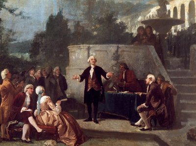 Il drammaturgo italiano Carlo Goldoni (1707-1793) declama un sonetto davanti ai membri della Colonia Alfea nel Giardino Scotto di Pisa. Dipinto di Annibale Gatti da Annibale Gatti