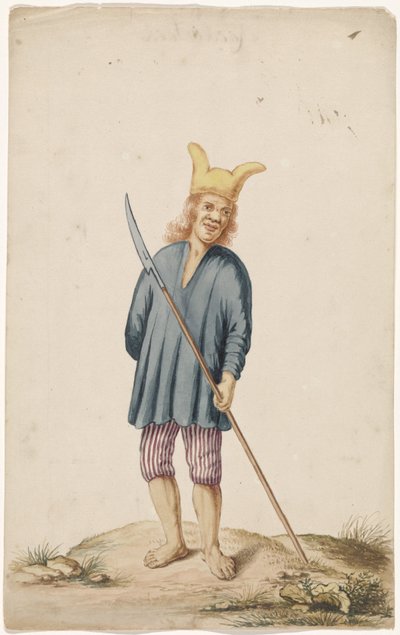 Uomo albino con cappello da giullare e arma da Anonymous