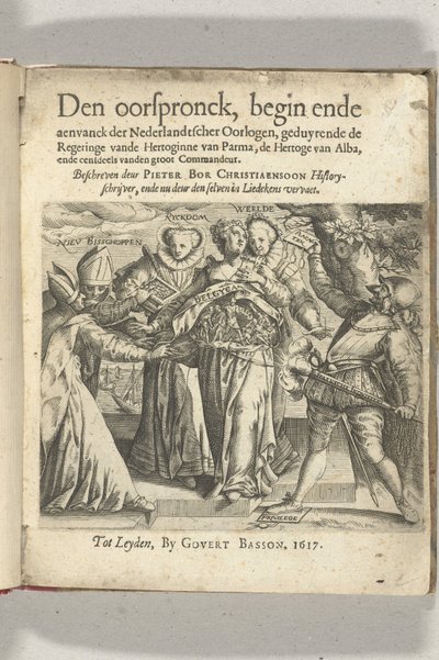 Pagina del titolo allegorico in: Pieter Christiaansz Bor, Den oorspronck, begin ende aenvanck der Nederlandtscher oorlogen, 1617 da Anonymous