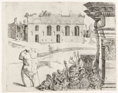 Capriccio architettonico con spolia, un torso maschile e una vista sulle Terme di Diocleziano da Anonymous