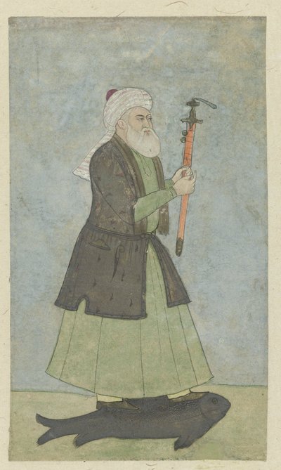 Il Santo Khwaja Khadir con una spada in mano, in piedi su un pesce da Anonymous