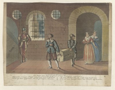 La cassa di libri in cui è nascosto Hugo de Groot viene trasportata alla barca a remi nel Castello Loevestein, 1621 da Anonymous
