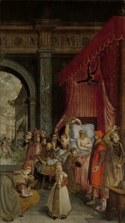 Letto di morte del ricco, con un diavolo che scende per recuperare l