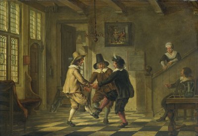 Tre uomini in costume del XVII secolo che danzano in un atrio da Anonymous