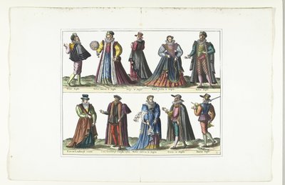 Doppia tavola con cinque uomini e cinque donne vestiti secondo la moda inglese, ca. 1580 da Anonymous