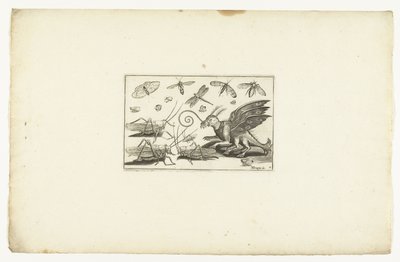 Una bestia alata fantastica e cavallette (Volatilium varii generis) da Anonymous